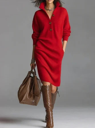 Urban Cozy Buttoned Shawl Collar Sweater Midi Dress