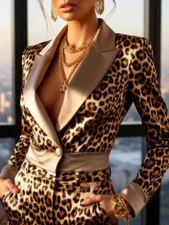 Elegant Printing Leopard Lapel Collar Jumpsuit