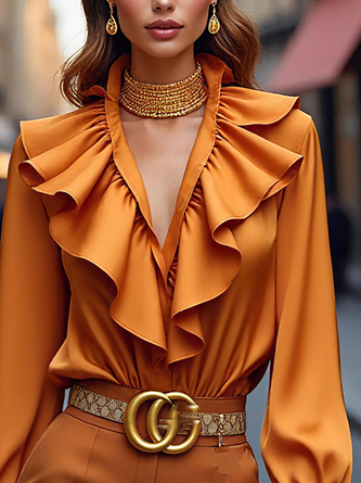 Casual Plain Buttoned Peplum Blouse