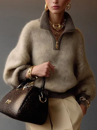 Urban Colorblock Zip-Up Mock Neck Raglan Sweater