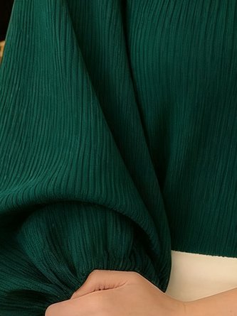 Casual Plain Ruched Mock Neck Balloon Sleeve Blouse With Brooch