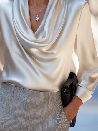 Satin Elegant Plain Cowl Neck Blouse