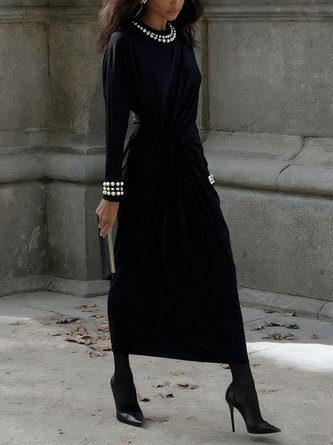 Elegant Plain Imitation Pearls Crew Neck Maxi Dress