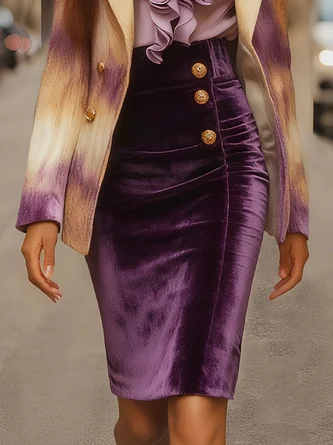 Urban Velvet Buttoned Plain Knee Length Skirt