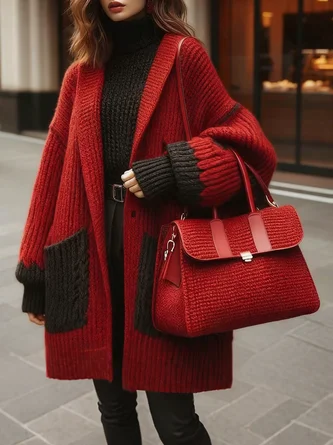 Yarn/Wool Yarn Urban Color Block Buttoned Cross Neck Cardigan