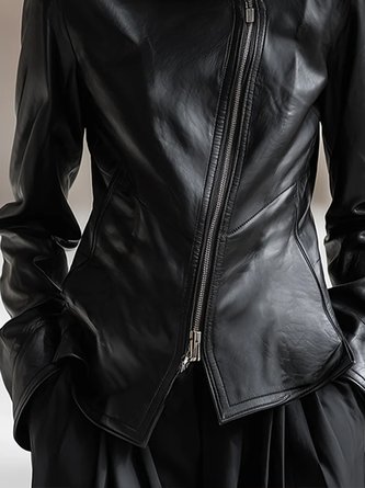 Urban Zipper Plain Stand Collar Faux Leather Coat