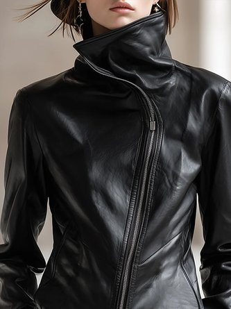 Urban Zipper Plain Stand Collar Faux Leather Coat