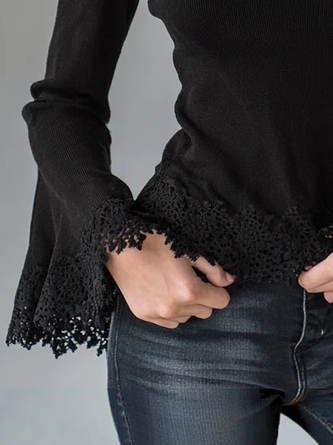 Knitted Urban Plain Split Joint Mock Neck Lace Bell Sleeve T-shirt