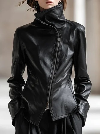 Urban Zipper Plain Stand Collar Faux Leather Coat