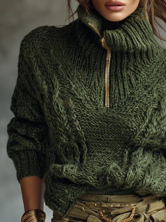 Casual Plain Zipper Turtleneck Sweater