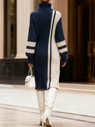 Casual Color Block Turtleneck Knee Length Sweater Dress