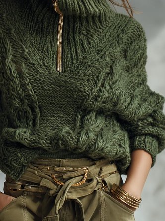 Casual Plain Zipper Turtleneck Sweater