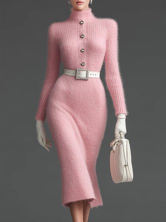 Elegant Plain Buttoned Turtleneck Sweater Knee Length Dress No Belt