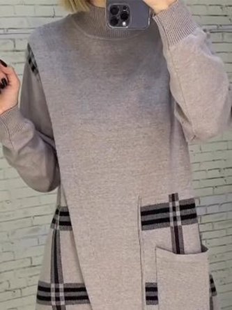 Casual Plaid Asymmetric Mock Neck Sweater Knee Length Dress