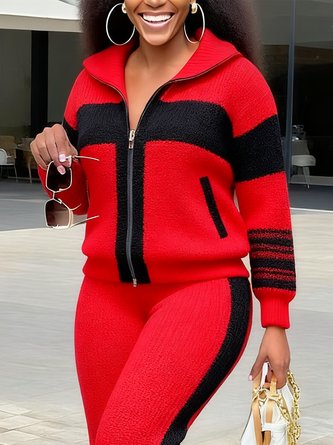 Casual Color Block Shawl Collar Sporty Cardigan