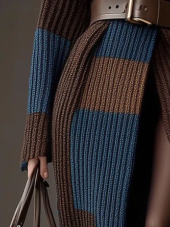 Casual Color Block Lapel Collar Sweater Cardigan With Belt