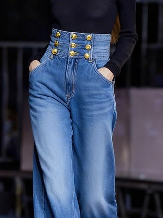 Urban Denim Buttoned Plain Wide Leg Jeans