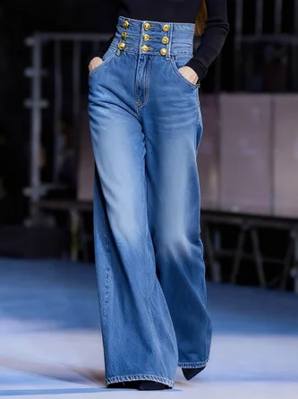 Urban Denim Buttoned Plain Wide Leg Jeans