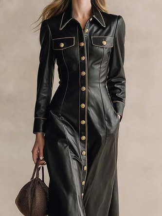 Urban Plain Shirt Collar Maxi Dress