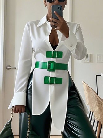 Cotton Urban Plain Metal Buckle Shirt Collar Shirt With Belt