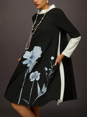 Urban Floral Printing Crew Neck Knee Length Dress