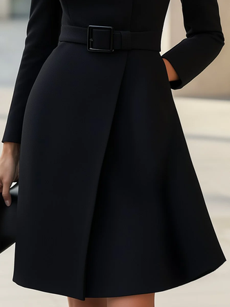 Urban Plain Buttoned Mock Neck Midi Dress With Belt