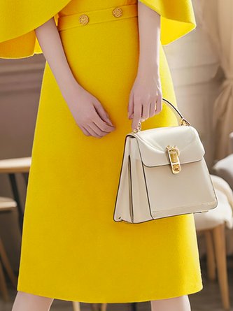 Elegant Plain Buttoned Stand Collar Knee Length Sweater Dress With Brooch