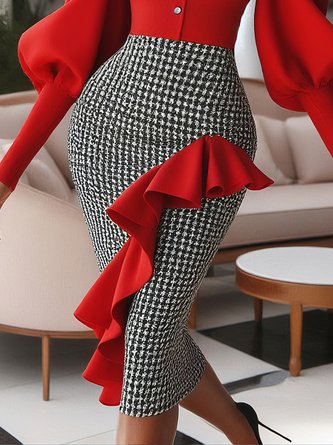 Urban Houndstooth Puff Sleeve Peplum Stand Collar Midi Dress