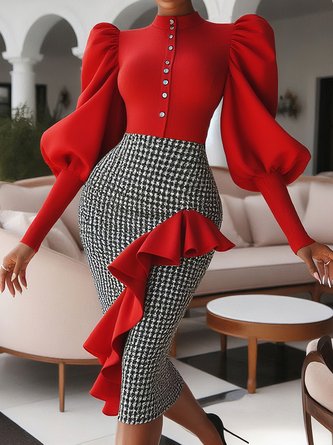 Urban Houndstooth Puff Sleeve Peplum Stand Collar Midi Dress