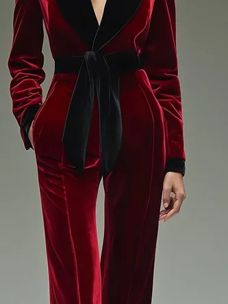 Urban Split Joint Color Block Shawl Collar Jumpsuit With Belt