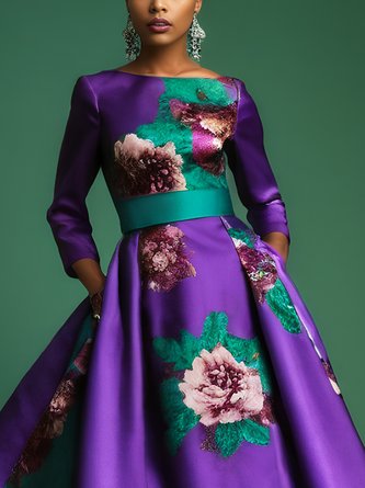 Elegant Floral Printing Boat Neck Midi Party Dress