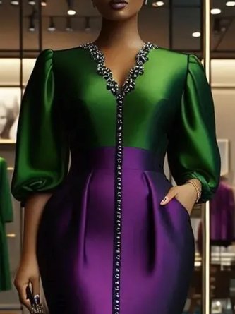 Elegant Color Block Puff Sleeve Split Joint V Neck Party Midi Dress