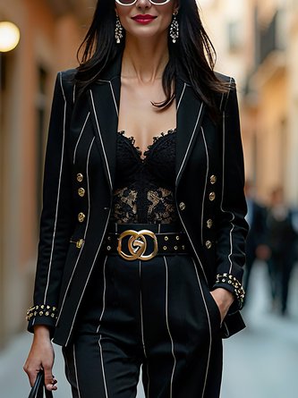 Urban Buttoned Striped Lapel Collar Blazer