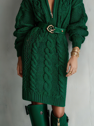 Urban Plain Zipper Mock Neck Midi Sweater Dress No Belt