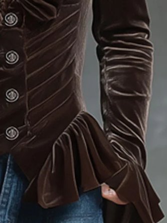 Velvet Elegant Plain Peplum V Neck Bell Sleeve Shirt