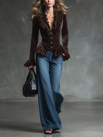 Velvet Elegant Plain Peplum V Neck Bell Sleeve Shirt