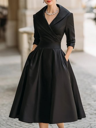 Elegant Plain Ruched Shawl Collar Midi Dress