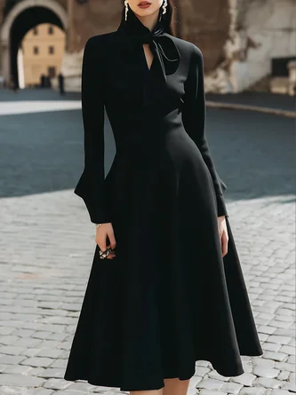 Elegant Plain Lace-up V Neck Midi Dress