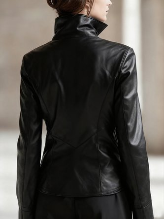 Urban Zipper Plain Stand Collar Faux Leather Coat