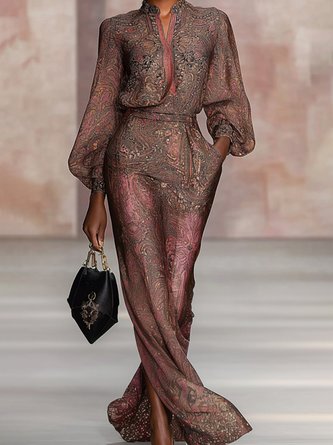 Casual Ethnic Printing Stand Collar Balloon Sleeve Blouse