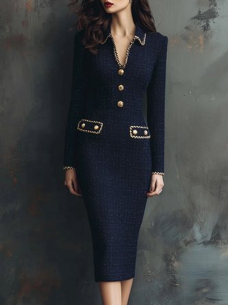 Elegant Plain Tweed Binding V Neck Midi Dress