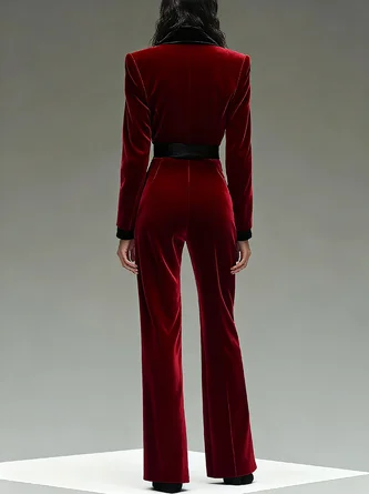 Urban Split Joint Color Block Shawl Collar Jumpsuit With Belt