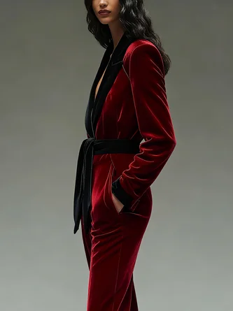 Urban Split Joint Color Block Shawl Collar Jumpsuit With Belt