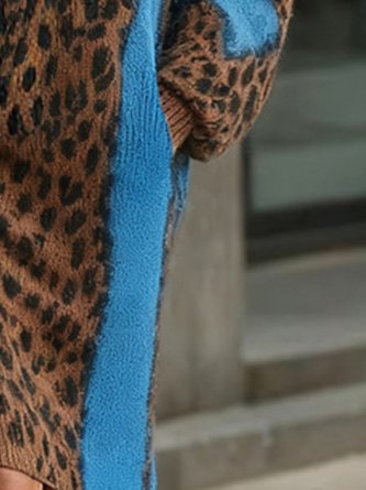 Casual Leopard Mock Neck Sweater Knee Length Dress