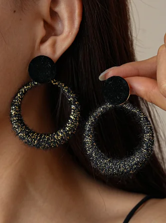 Winter wool flocking hollow round steel needle earrings