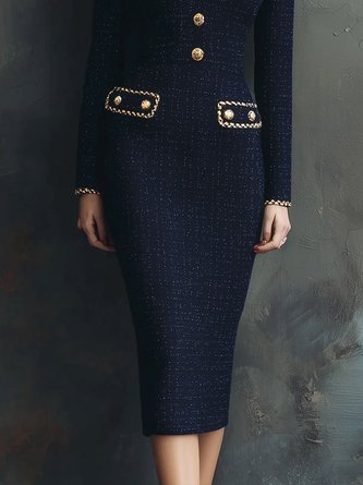 Elegant Plain Tweed Binding V Neck Midi Dress