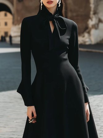 Elegant Plain Lace-up V Neck Midi Dress