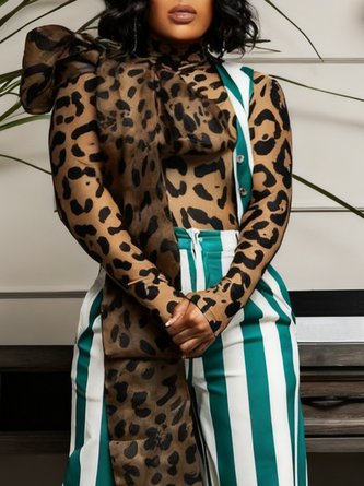 Casual Leopard Printing Mock Neck T-shirt With Scarf