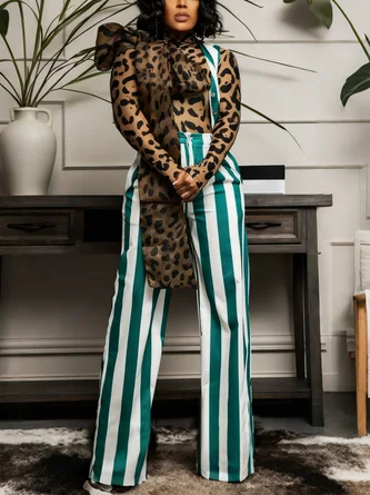 Casual Printing Striped Overall Bib Pants