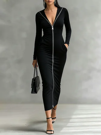 Casual Plain Zipper Shawl Collar Maxi Dress